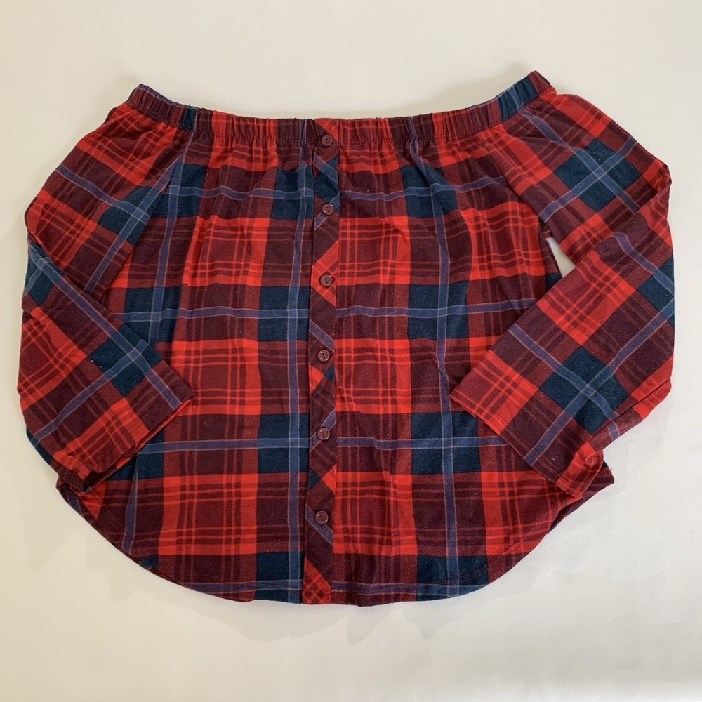 Ambiance Off Shoulder Top‎ Women S Red Navy Plaid Roll Tab July Holiday Western